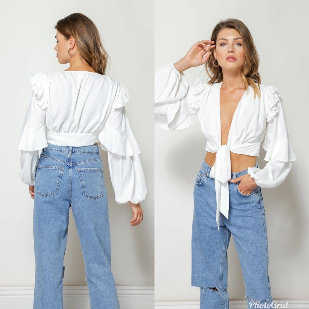 Anthropologie Line and Dot Sonia Ruffle Crop Top Tie Front Blouse